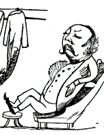 A cartoon man looks annoyed and arrogant as he reclines in a chair with his hands on his hips.